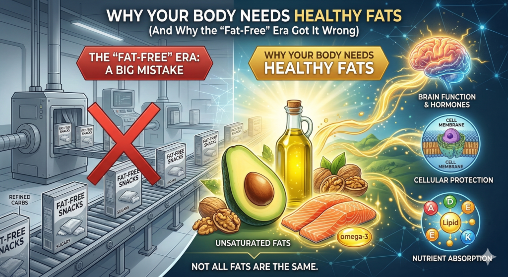 Why Your Body Needs Healthy Fats (And Why the “Fat-Free” Era Got It Wrong)